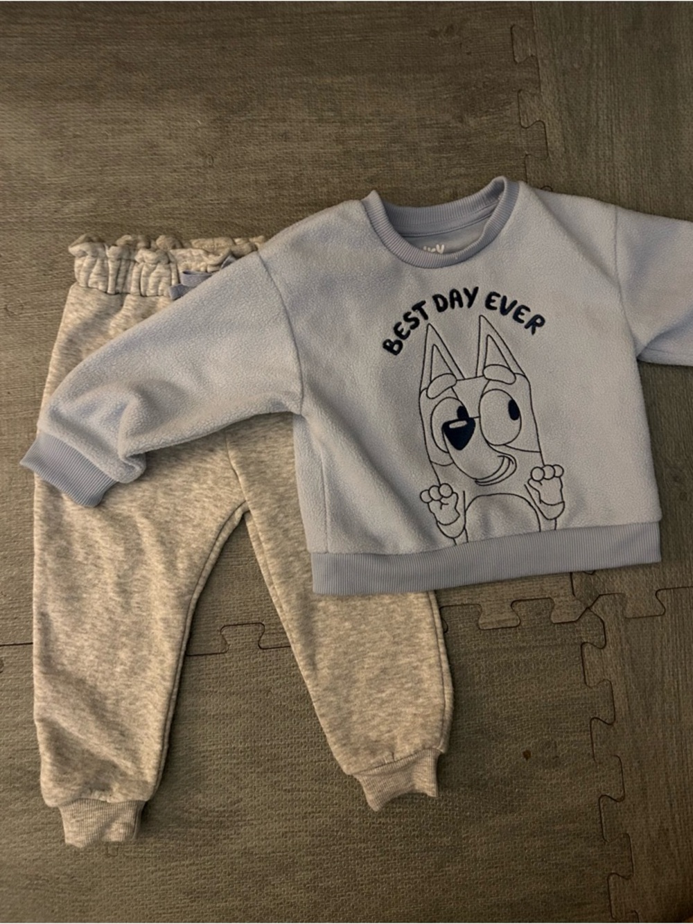 Kids Light Blue Graphic Sweatshirt & Gray Jogger Set - Best Day Ever.
Size 2T